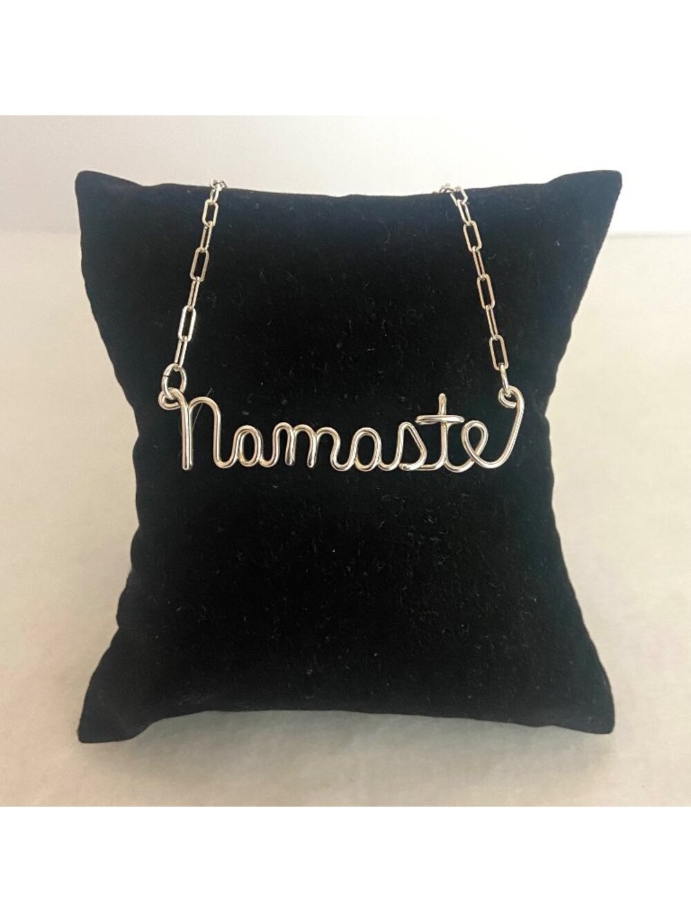Sterling Silver 925 Wire "Namaste" Spiritual Bar Necklace 18.5" Paperclip Chain